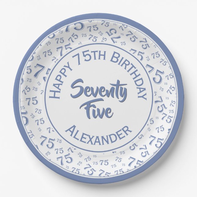75th Birthday Random Number Pattern Blue/White Paper Plate (Front)