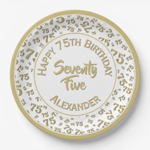 75th Birthday Random Number Pattern Gold/White Paper Plate