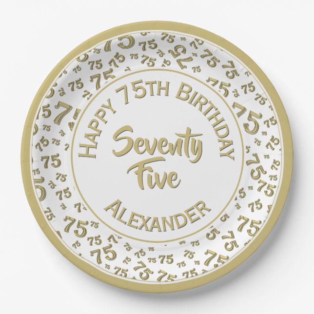 75th Birthday Random Number Pattern Gold/White Paper Plate (Front)