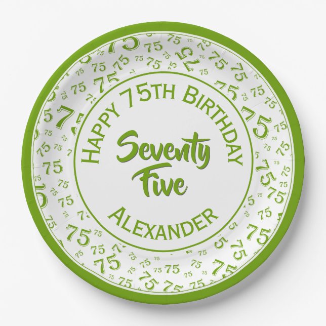 75th Birthday Random Number Pattern Green/White Paper Plate (Front)