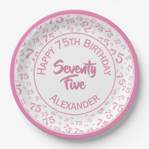 75th Birthday Random Number Pattern Pink/White Paper Plate