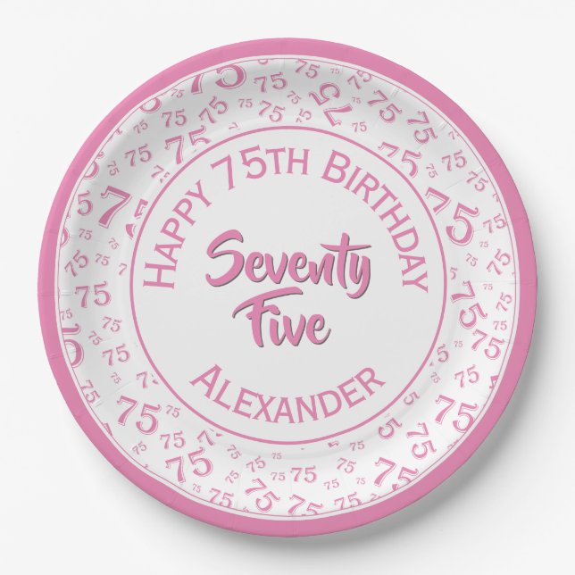 75th Birthday Random Number Pattern Pink/White Paper Plate (Front)