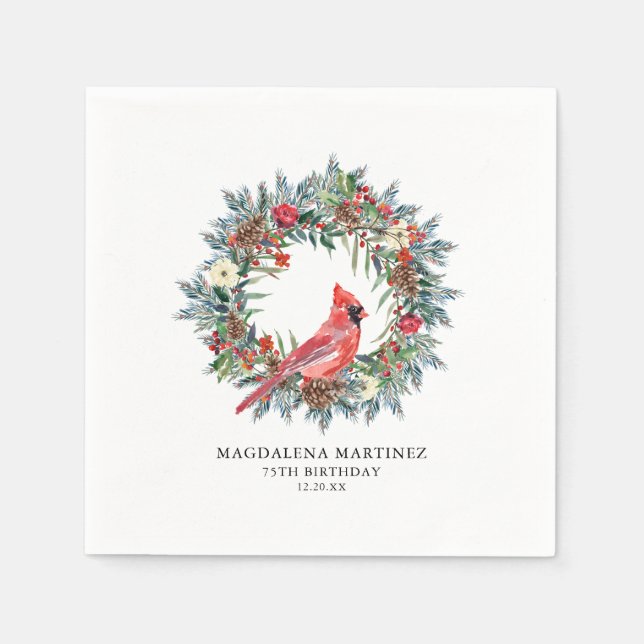 75th Birthday Red Cardinal Wreath Custom Cocktail Napkin (Front)