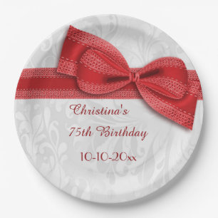 75th Birthday Red Damask and Faux Bow Paper Plate