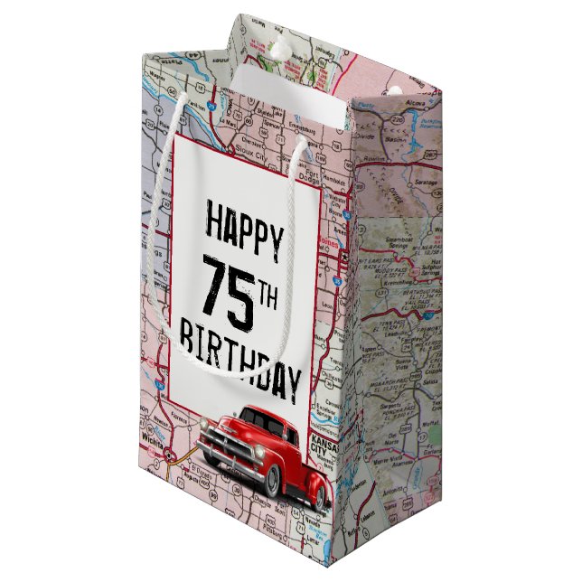 75th Birthday Red Retro Truck on Map  Small Gift Bag (Front Angled)