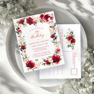 75th Birthday Red Rose Pink Peony Invitation Postcard