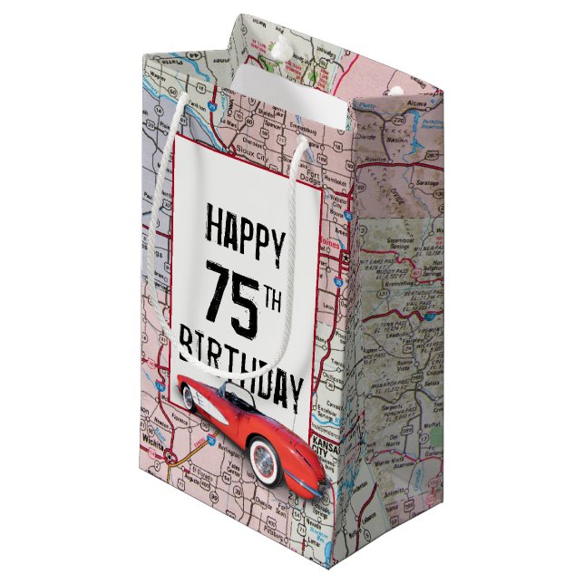 75th Birthday Retro Corvette On Map Small Gift Bag (Front Angled)