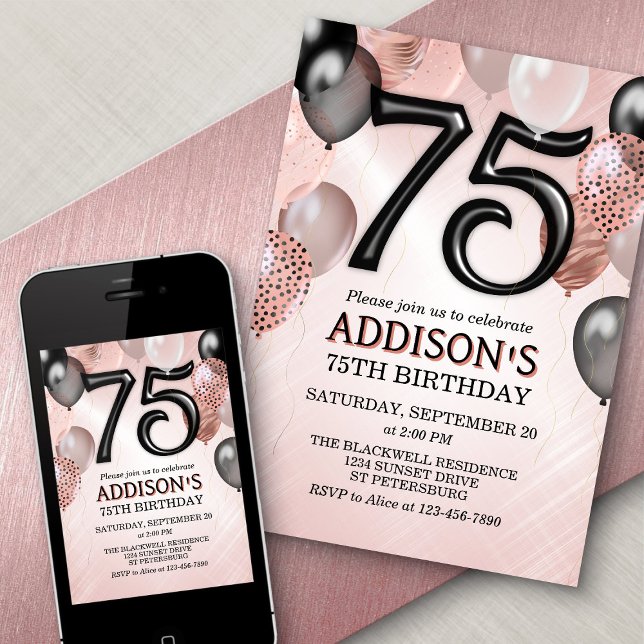 75th Birthday Rose Gold Balloons Invitation (Creator Uploaded)