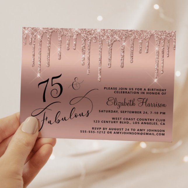 75th Birthday Rose Gold Glitter Budget Invitation (Creator Uploaded)