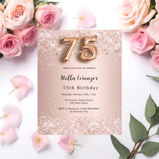 75th birthday rose gold pink confetti invitation (Creator Uploaded)