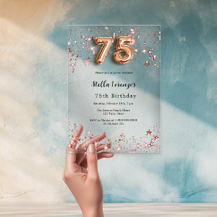 75th birthday rose gold stars clear acrylic invitations
