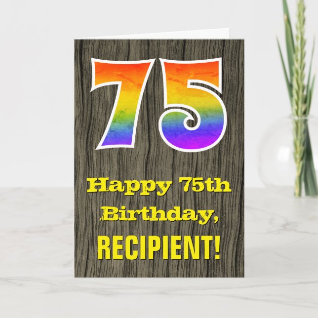 75th Birthday: Rustic Faux Wood Look, Rainbow "75" Card (Front)
