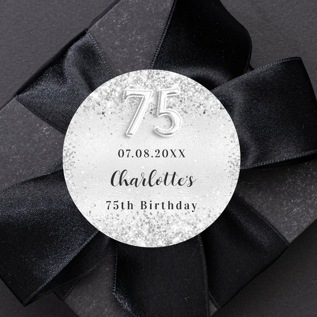 75th birthday silver elegant confetti classic round sticker (Creator Uploaded)