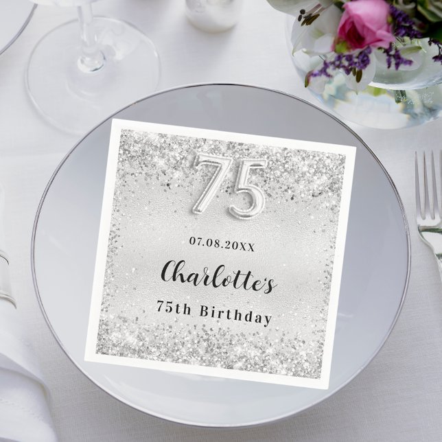 75th birthday silver elegant confetti napkin (Creator Uploaded)