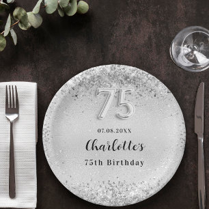 75th birthday silver elegant confetti paper plate