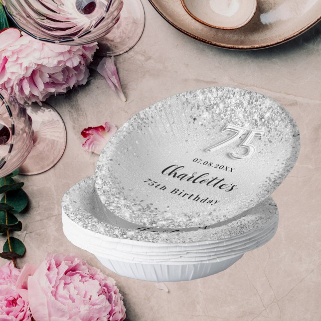 75th birthday silver elegant confetti paper plate (Creator Uploaded)