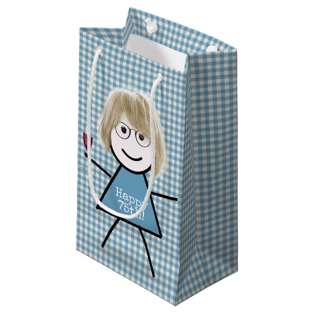 75th Birthday Stick Girl On Gingham with Wine   Small Gift Bag (Front Angled)