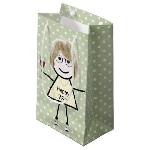 75th Birthday Stick Girl On Polka Dots Small Gift Bag