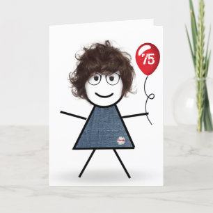75th Birthday Stick Girl with Red Balloon Card