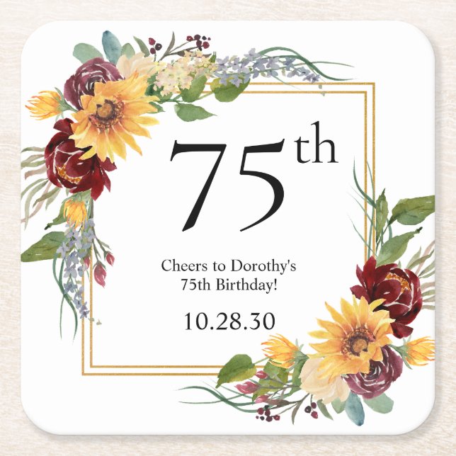 75th Birthday Sunflowers Square Paper Coaster (Front)