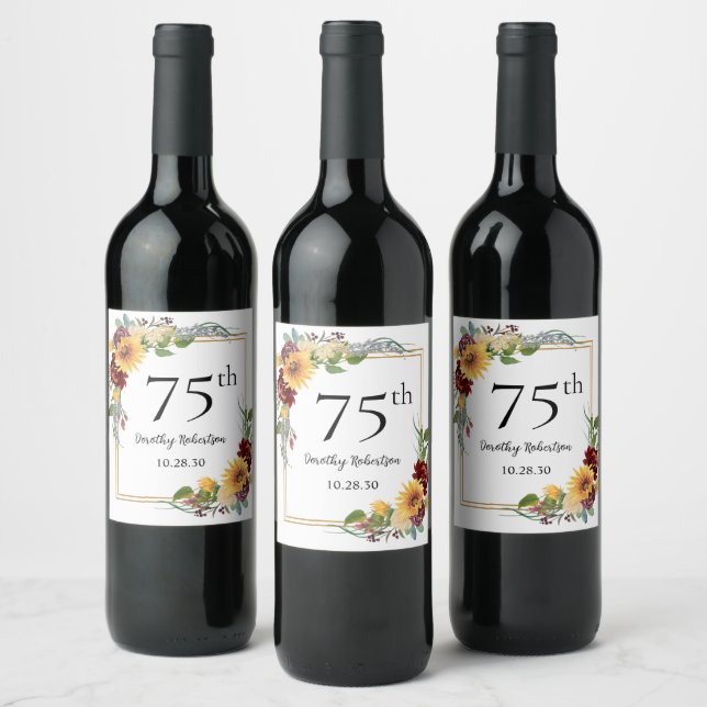 75th Birthday Sunflowers Wine Label (Bottles)