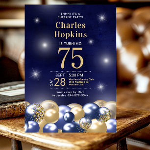 75th Birthday Surprise Navy Blue Gold Balloons Invitation