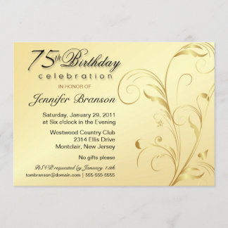 75th Birthday Surprise Party - Elegant Gold Floral Invitation