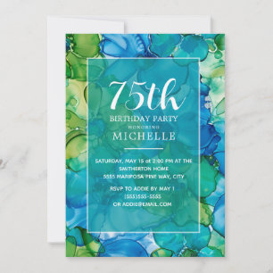 75th Birthday Teal Green Alcohol Ink Elegant  Invitation