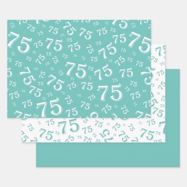 75th Birthday Teal & White Number Pattern 75 Wrapping Paper Sheet (Set)