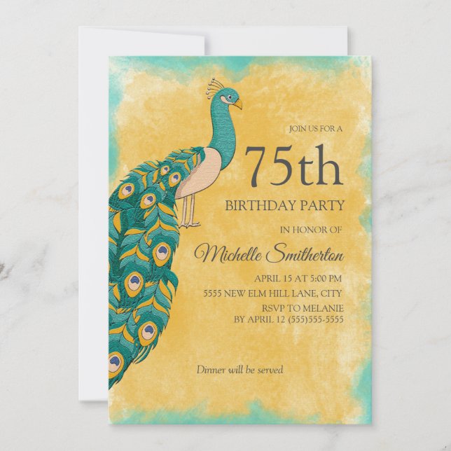 75th Birthday Teal Yellow Watercolor Peacock Invitation (Front)
