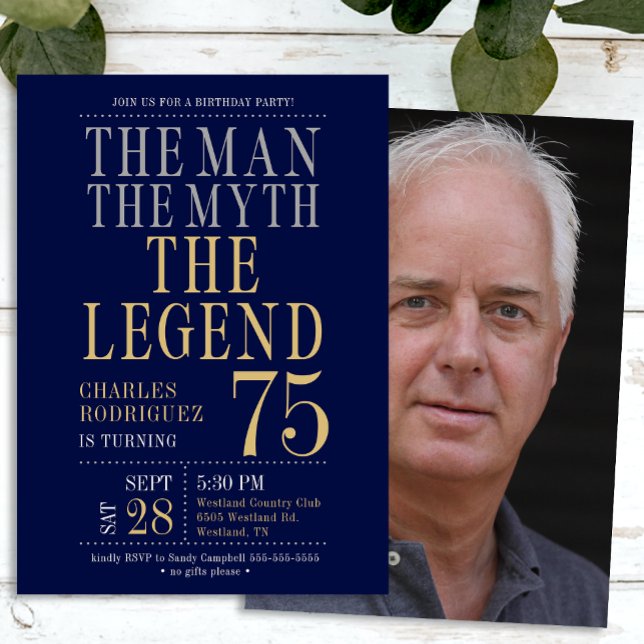75th Birthday The Man The Myth The Legend Photo Invitation (Creator Uploaded)