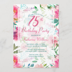 75th Birthday Tropical Floral Pink Peony Party Invitation