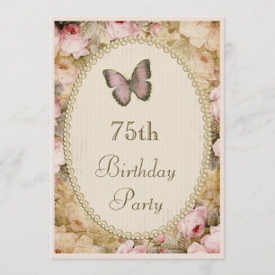 75th Birthday Vintage Roses Butterfly, Music Notes Invitation