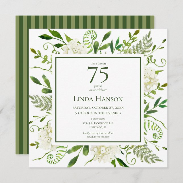 75th Birthday White Hydrangeas Invitation (Front/Back)