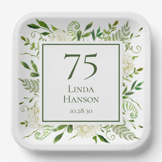 75th Birthday White Hydrangeas Paper Plate (Front)