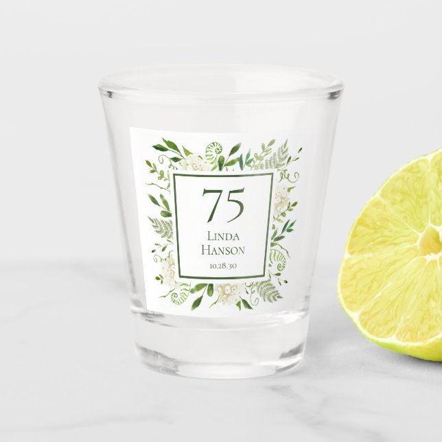75th Birthday White Hydrangeas Shot Glass (Front)
