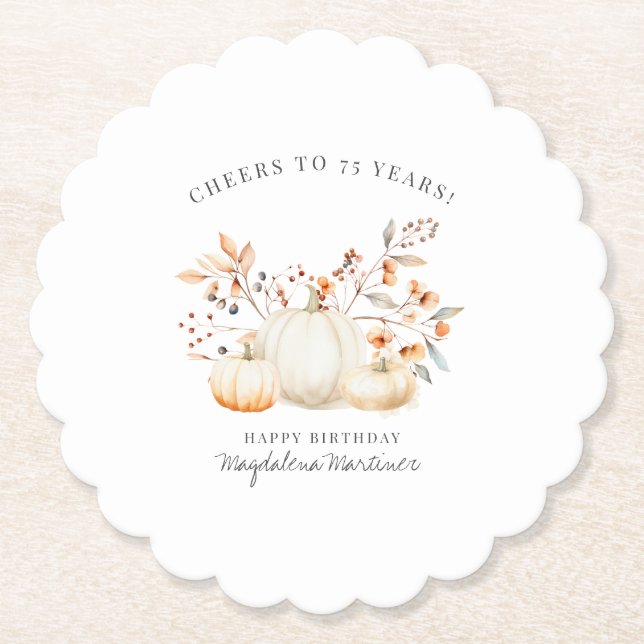 75th Birthday White Pumpkin Fall Leaves Custom Paper Coaster (Front)
