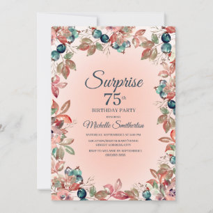 75th Birthday Women Pink Teal Floral Leaves Invitation