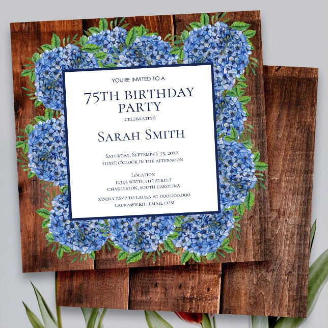 75th Birthday Wood Blue Hydrangeas Rustic Party Invitation (Creator Uploaded)