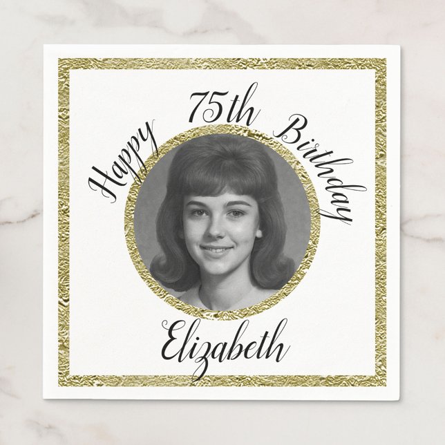 75th Custom Photo White and Gold Birthday Napkin (Creator Uploaded)