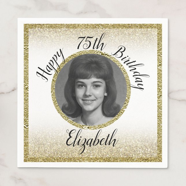 75th Custom Photo White and Gold Birthday Napkin (Creator Uploaded)
