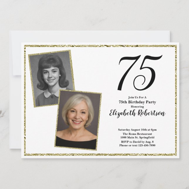 75th Custom Photo White and Gold  Invitation (Front)