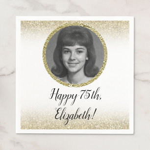 75th Custom Photo White and Gold  Napkin