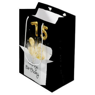 75th Gold Birthday Balloons in White Box  Medium Gift Bag