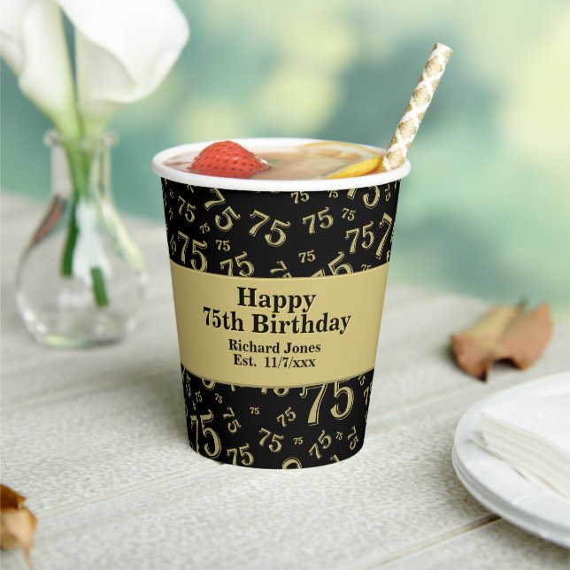 75th Happy Birthday Black/Gold Number Pattern Paper Cups (Insitu)