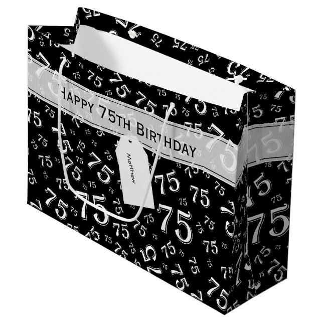 75th Happy Birthday Black/White Number Pattern Large Gift Bag (Front Angled)