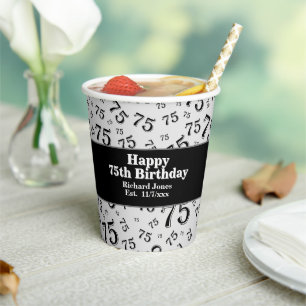 75th Happy Birthday Black/White Number Pattern Paper Cups