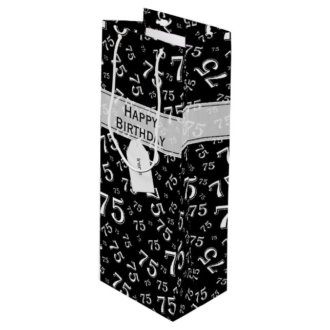 75th Happy Birthday Black/White Number Pattern Wine Gift Bag (Front Angled)