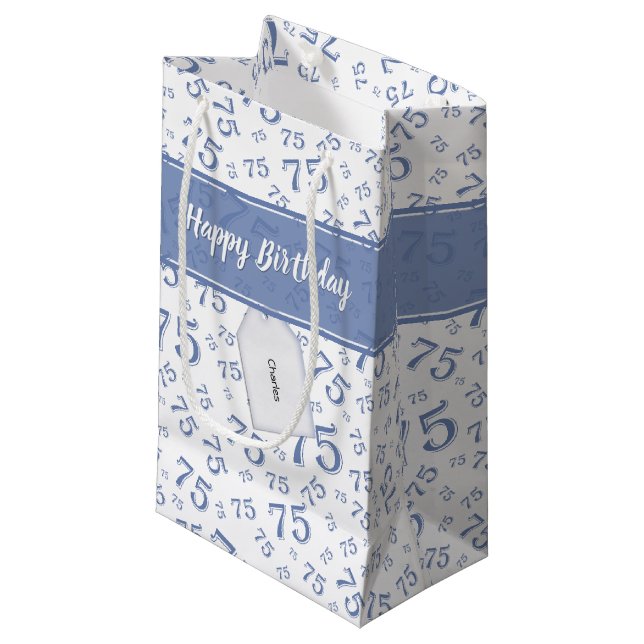 75th Happy Birthday Blue/White Number Pattern Small Gift Bag (Front Angled)