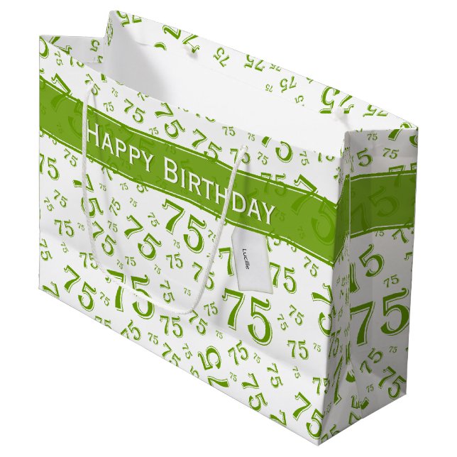 75th Happy Birthday Green/White Number Pattern Large Gift Bag (Front Angled)